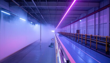 Poster - Futuristic Industrial Warehouse with Neon Lights and Fog Effects