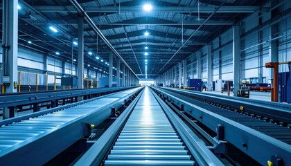 Poster - Modern Warehouse Interior with Conveyor System and Industrial Lighting
