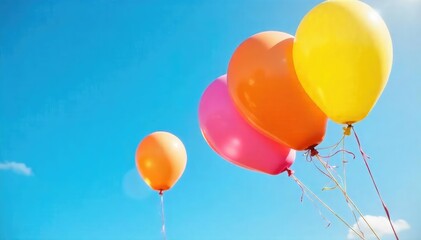 Wall Mural - Brightly colored balloons float against a clear blue sky, creating a cheerful and playful scene , graphic, cheerful, delight