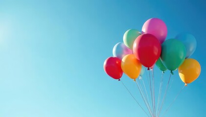 Wall Mural - Colorful balloons floating against a clear blue sky, blue, whimsical