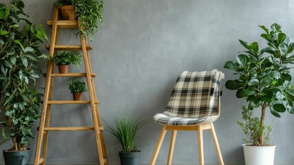 Poster - Chair with ladder and potted plants, suitable for home decor or interior design