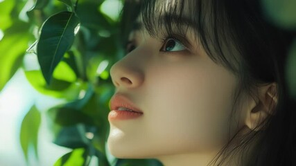Poster - A woman looks up at a tree with lush green leaves, possibly contemplating or seeking shade