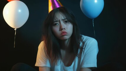 Poster - A woman wearing a party hat sits surrounded by colorful balloons