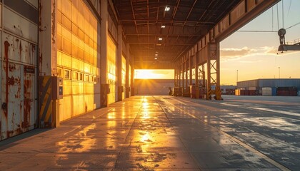 Poster - Beautiful Sunset Reflection in Industrial Warehouse with Open Doors