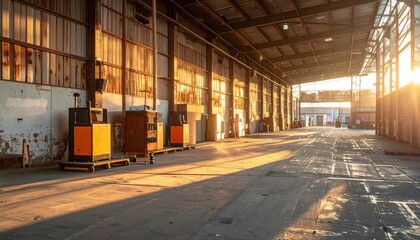 Poster - Empty Industrial Warehouse Bathed in Warm Sunset Light