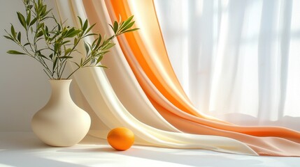 Poster - Minimalist pastel fabric backdrop with flowing material in soothing tones of cream and pink