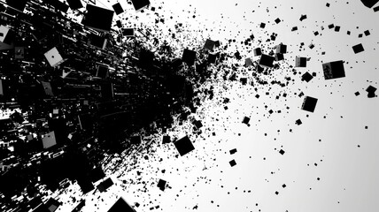 Poster - Exploding black and white cubes in motion. Dramatic and intense visual effect. Digital artwork of white wall with explosion effect with black liquid splashing. Background for wallpaper. AIG53.