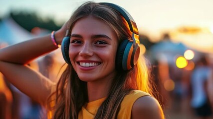 Poster - A young woman wearing headphones and smiling at the camera in a casual setting