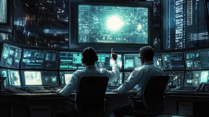 Poster - Futuristic Control Room with Operators Analyzing Data on Multiple Screens in a High-Tech Environment 4k video footage
