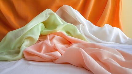 Poster - Soft cotton and silk fabrics in pastel hues forming gentle, organic background patterns