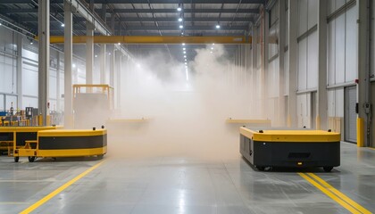 Poster - Industrial Warehouse with Automated Guided Vehicles and Dust Coverage