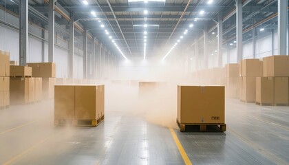 Poster - Misty Warehouse Interior with Rows of Shipping Boxes and Pallets