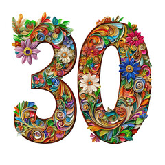 Poster - Ornamental floral number thirty with colorful blossoms and intricate leaf patterns on a transparent background.