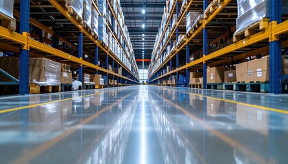 Poster - Spacious Warehouse Interior with Neat Aisles and Organized Pallets