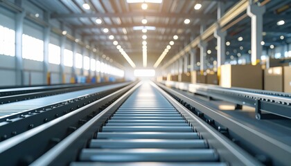 Poster - Industrial Warehouse Interior with Conveyor Belt at Production Facility