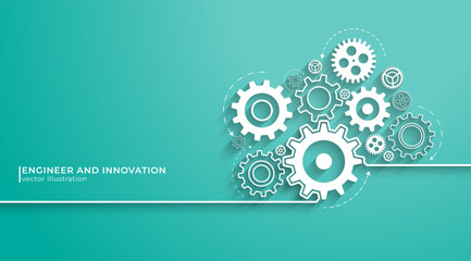 Poster - Concept of Engineer and Innovation. Abstract technology background of mechanical engineering. Rotating mechanism of round parts.Cogs and gear wheel mechanisms. Vector illustration.