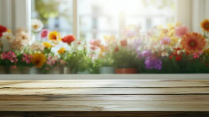 Poster - A wooden table set up in front of a window, surrounded by fresh flowers