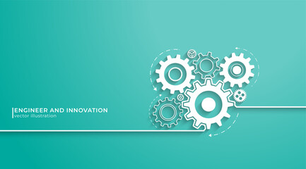 Poster - Concept of Engineer and Innovation. Abstract technology background of mechanical engineering. Rotating mechanism of round parts.Cogs and gear wheel mechanisms. Vector illustration.