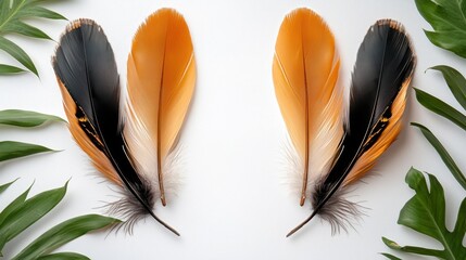 Poster - Symmetrically arranged brown feathers with black tips on a smooth white background