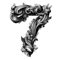 Poster - Ornate floral number seven design in monochrome against a black background showcasing detailed textures and artistic elements