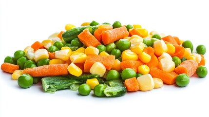 Poster - Close-up of a pile of frozen mixed vegetables including peas, carrots, and corn on a white background.