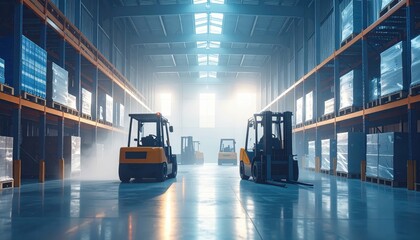 Poster - Modern Warehouse with Forklifts and Bright Ambient Lighting