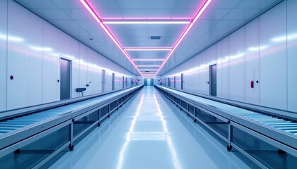 Poster - Futuristic Warehouse Interior with Neon Lighting and Conveyor Belts