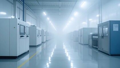 Poster - Industrial Facility with Fog and Equipment in Modern Workshop Space