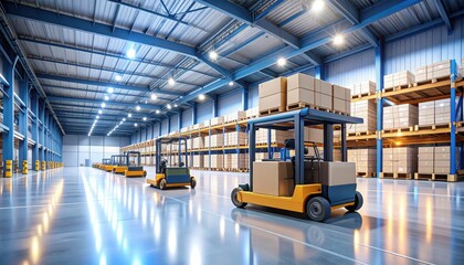 Poster - Modern Warehouse with Forklifts and Shelves Full of Boxes