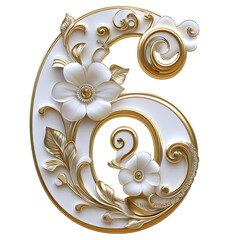 Poster - Elegant ornamental digit six with floral details in white and gold against a transparent background perfect for design or decorative use.