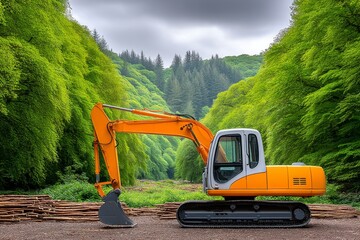 a cleared patch of forest with an excavator parked beside piles of branches
