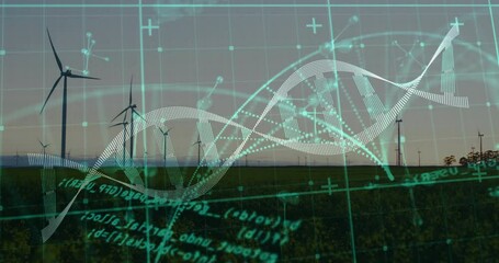 Poster - Teal dotted double-helix pattern slicing across dusk field, overlaying wind turbines grid lines