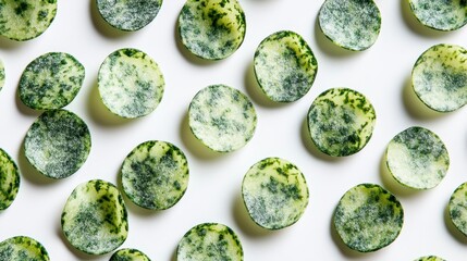 Poster - Flat lay of scattered green round chips on white background.