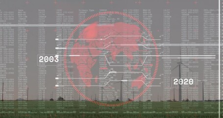 Poster - Red globe being animated at center, showing segmented gauge ring and glitch code over wind turbines