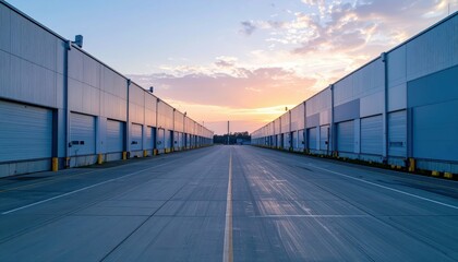 Poster - Industrial Warehouse Exterior with Sunset Sky and Clear Pathway