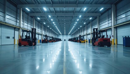 Poster - Industrial Warehouse Interior with Forklifts on Concrete Floor