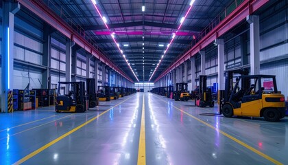 Poster - Spacious industrial warehouse interior with forklifts and bright lights