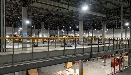 Poster - Industrial Warehouse Interior with Overhead Walkway and Storage Racks