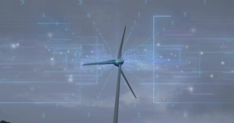 Poster - Wind turbine rotating above cloudy sky displaying digital circuits and glowing numeric data streams