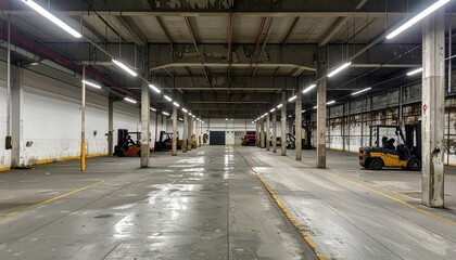Poster - Empty Industrial Warehouse Interior with Forklifts and Concrete Floor
