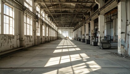 Poster - Spacious Abandoned Industrial Warehouse with Natural Light and Shadows