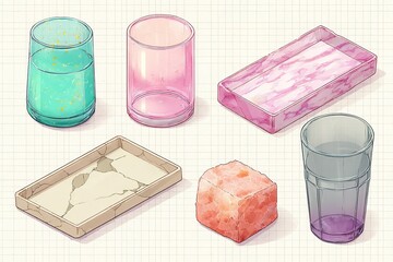 Poster - Colorful glassware collection featuring various shapes and materials on a grid background showcasing artistic design