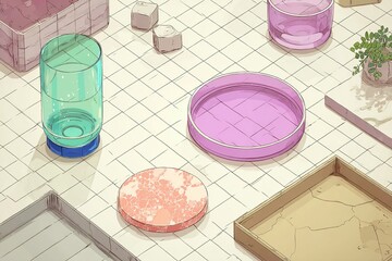Poster - Elegant arrangement of colorful trays and glassware on a tiled surface in a contemporary setting