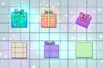 Poster - Colorful gift boxes arranged on a grid background with sparkling effects during festive season