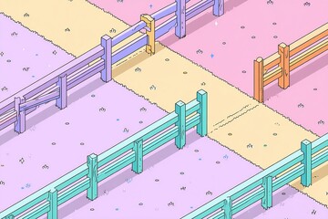 Poster - Colorful fences creating a whimsical landscape with pastel tones and playful patterns in a serene environment