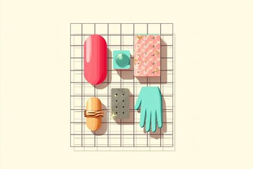 Poster - Colorful geometric shapes arranged on a grid background create a vibrant and playful display in a minimalistic setting