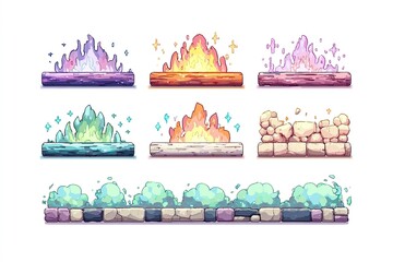Fototapete - Various styles of animated fire and water effects displayed on decorative backgrounds, ideal for creative projects and games