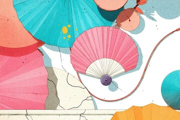 Poster - Colorful fans and decorative elements arranged artistically on a textured surface