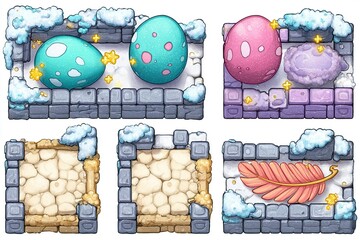 Poster - Colorful eggs and decorative elements in a snowy fantasy landscape for game design