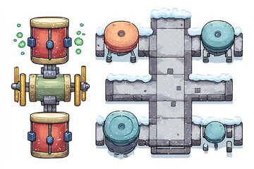 Poster - Colorful musical instruments on a snowy landscape with a game-like design showcasing drums and a unique pathway layout